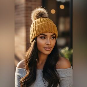 Tahari Mustard Knit Winter Beanie with Faux Fur Pom Sherpa Lined Casual